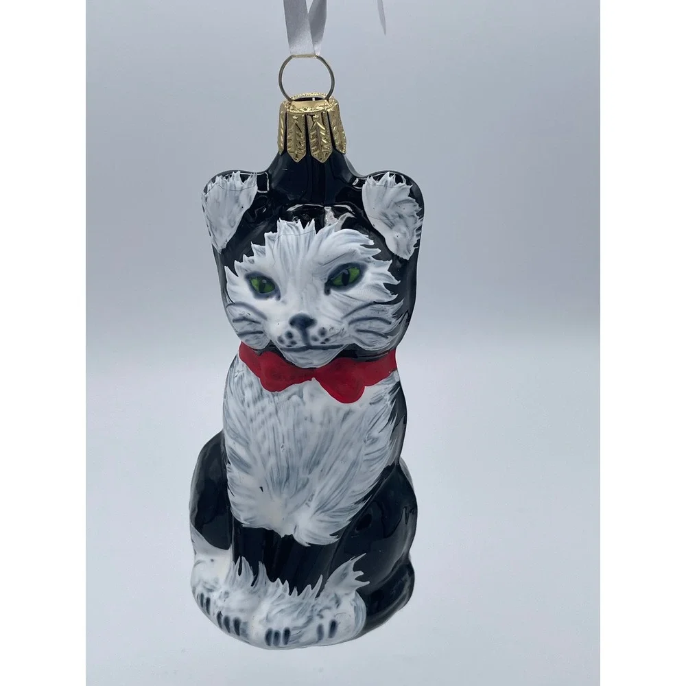 VTG German Blown Glass Cat Christmas Ornaments Tuxedo & Tabby Hand Painted
